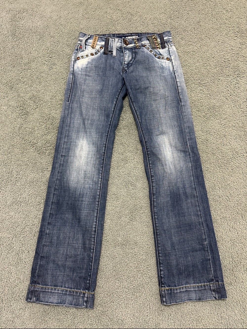 Vintage Y2K Miss Sixty Bamboo Weave Distressed Embellished Blue Jeans